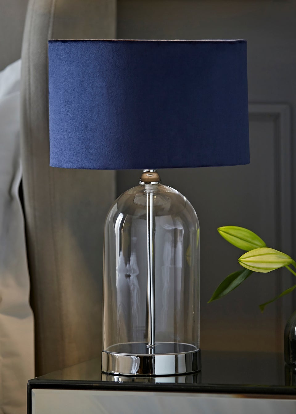 ValueLights Jessy Glass Table Lamp Navy Velvet Shade (41cm x 25cm)