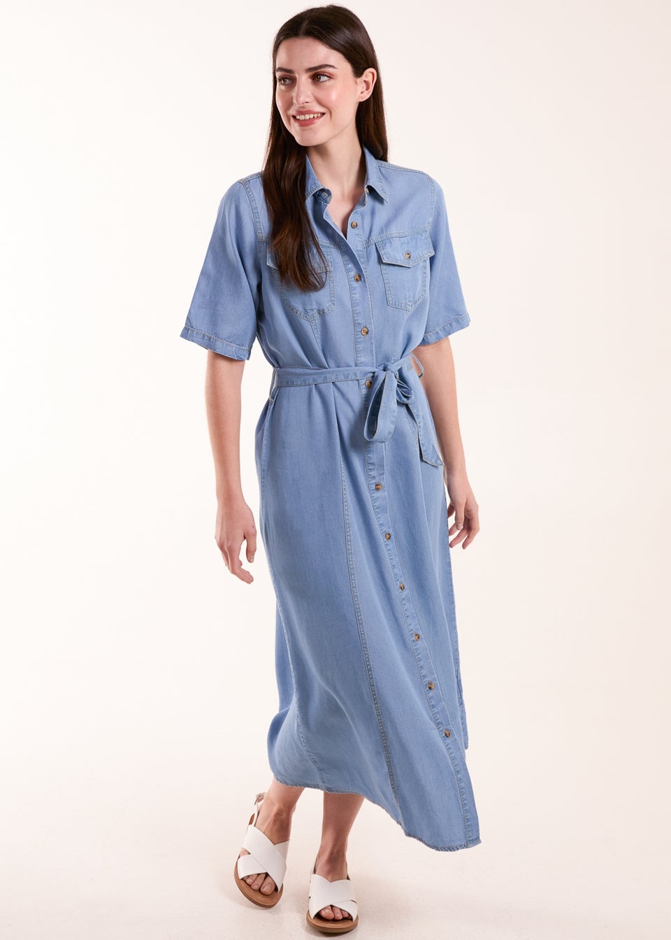 Blue Vanilla Blue Tencel Button Front Midi Shirt Dress - Matalan