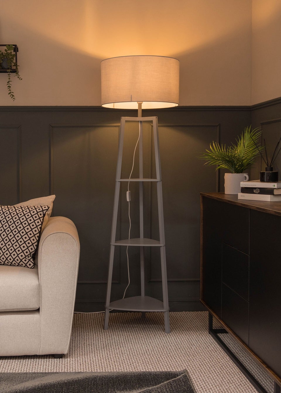 Gray floor lamp with shelves hotsell