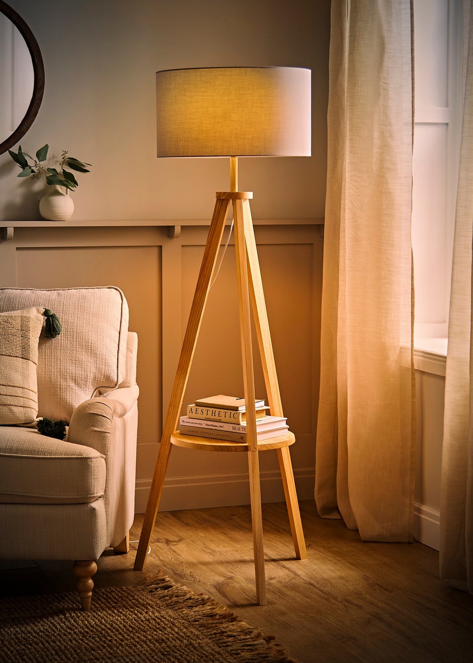 ValueLights Morrigan Light Wood Tripod Floor Lamp Grey Shade (147cm x 45cm)