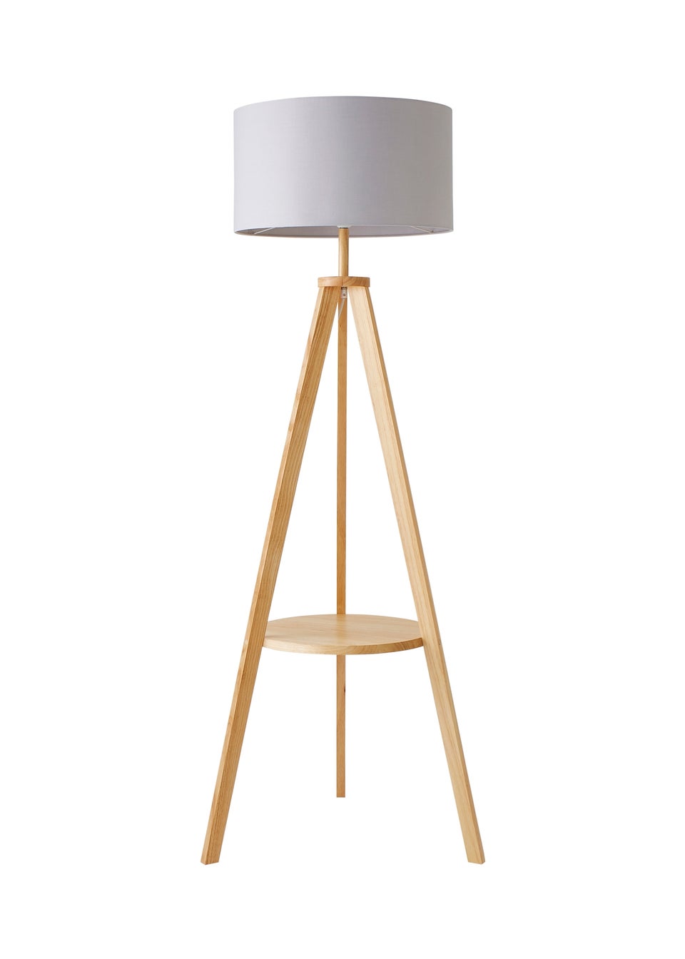 ValueLights Morrigan Light Wood Tripod Floor Lamp Grey Shade (147cm x 45cm)