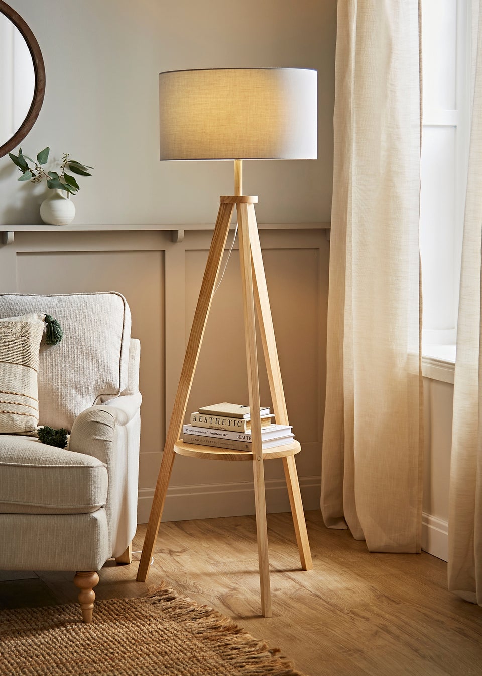 ValueLights Morrigan Light Wood Tripod Floor Lamp Grey Shade (147cm x 45cm)