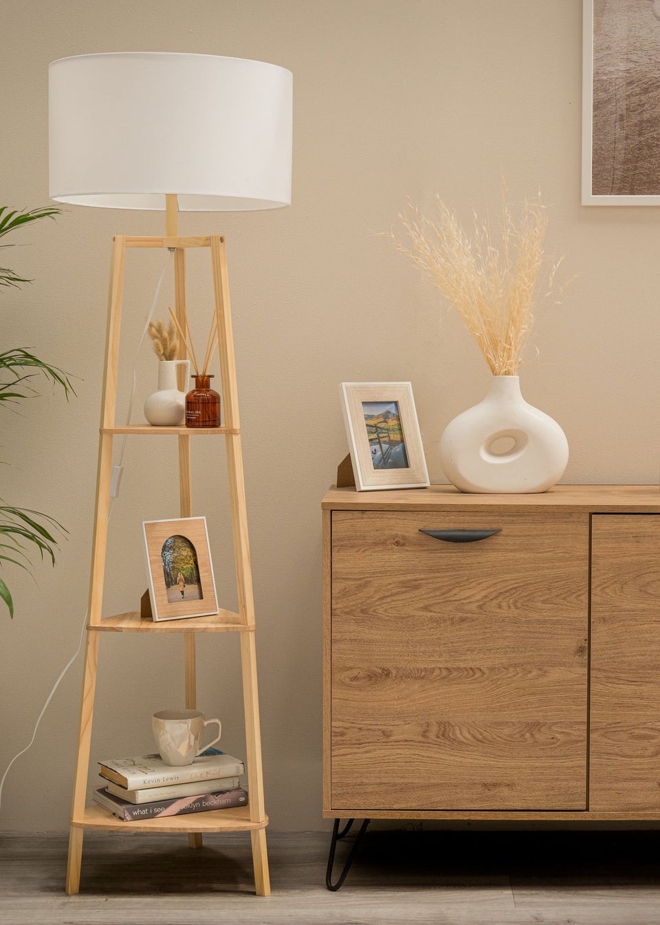 ValueLights Hiru Natural Wood 3 Tier Shelf Floor Lamp 25cm x 47cm x 47.5cm Matalan