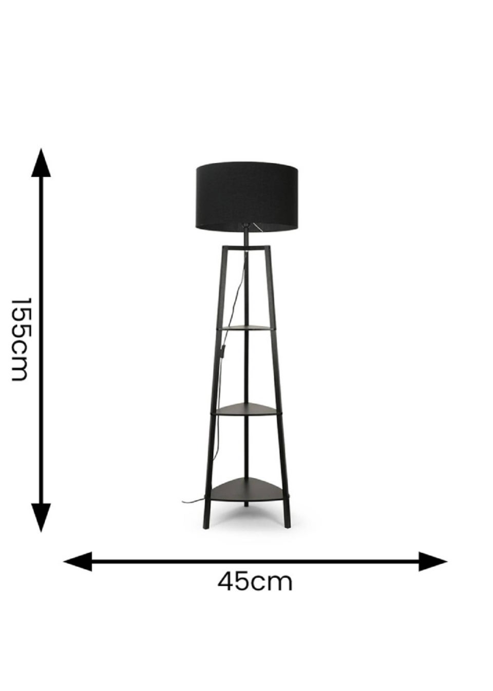 ValueLights Hiru Matte Black 3 Tier Shelf Floor Lamp Black Shade (138cm x 47.5cm x 47.5cm)