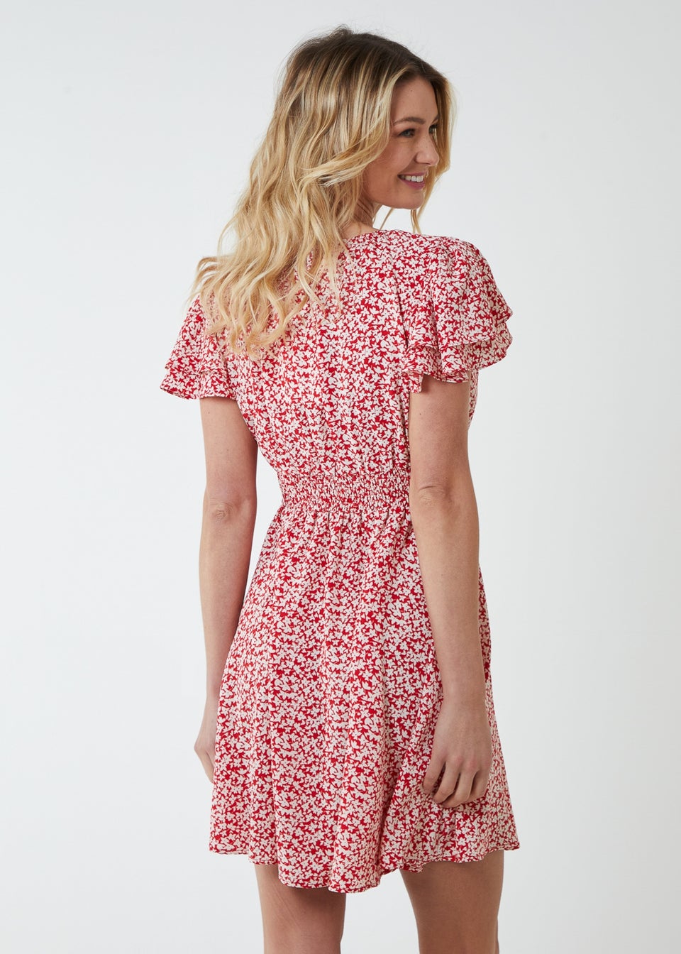 Blue Vanilla Red Double Ruffle Empire Shirred Mini Dress