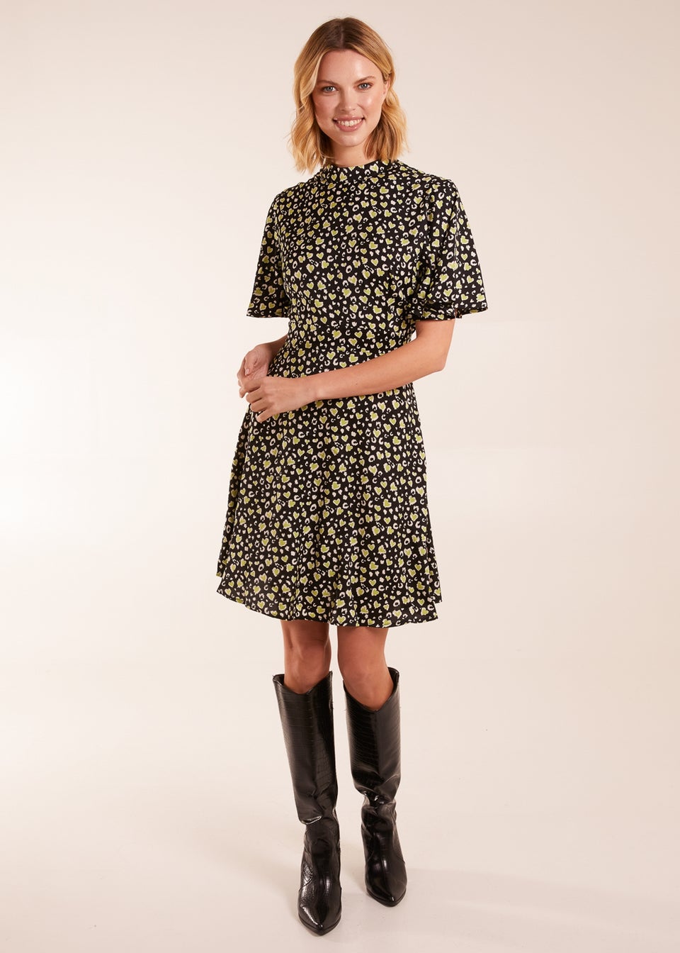 Blue Vanilla Black High Neck Flutter Sleeve Dress