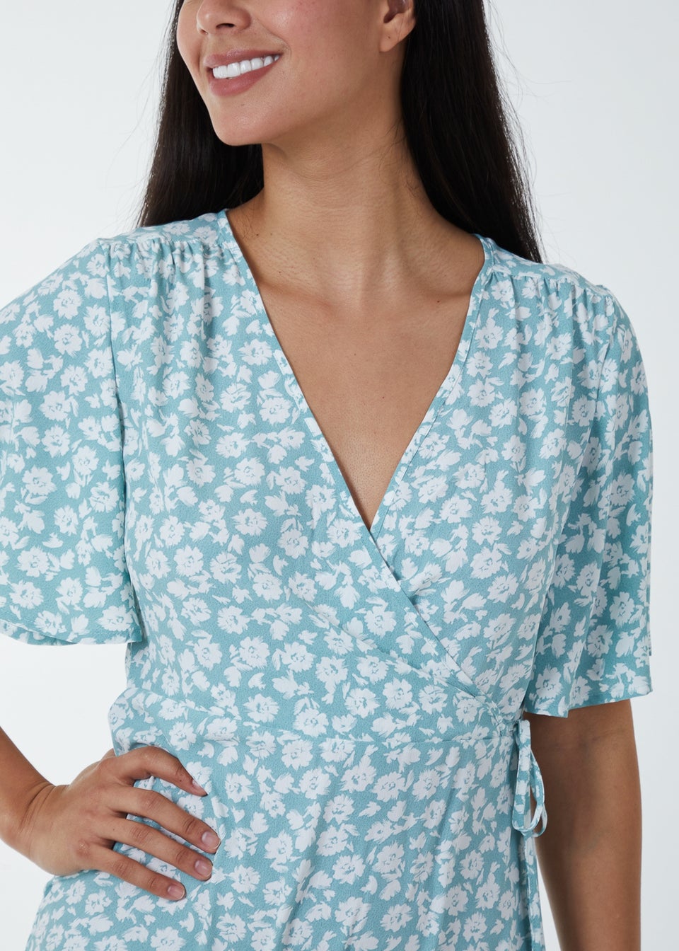 Blue Vanilla Green Angel Sleeves Wrap Midi Dress - Matalan