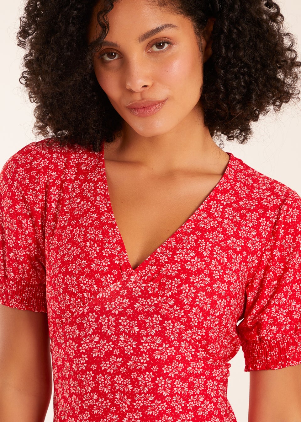 Blue Vanilla Red Shirring Cuff Sleeve Tea Dress
