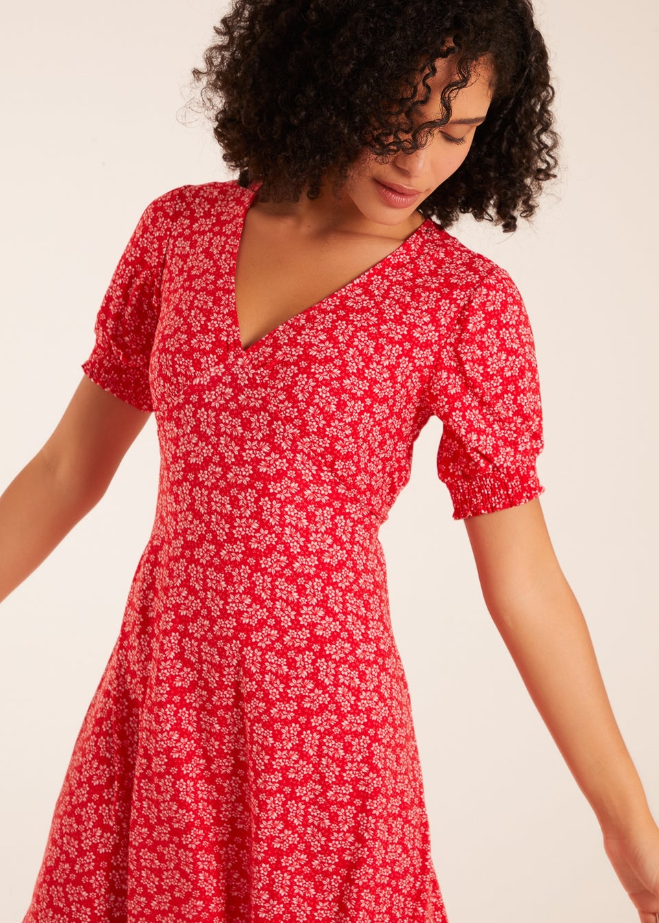 Blue Vanilla Red Shirring Cuff Sleeve Tea Dress