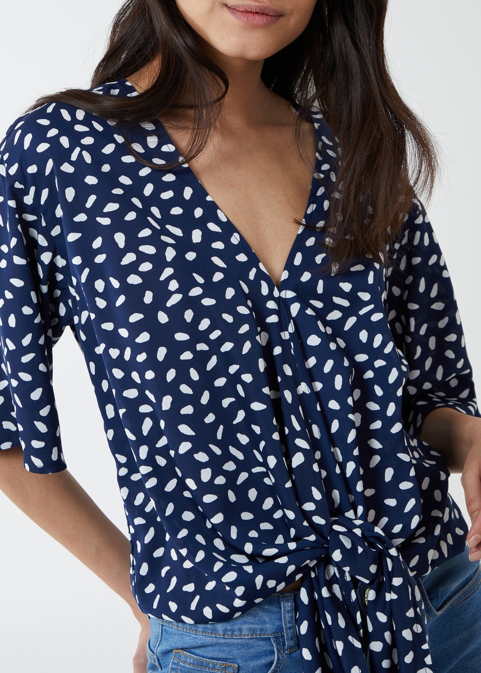 Blue Vanilla Navy Abstract Spot Tie Front Batwing Top