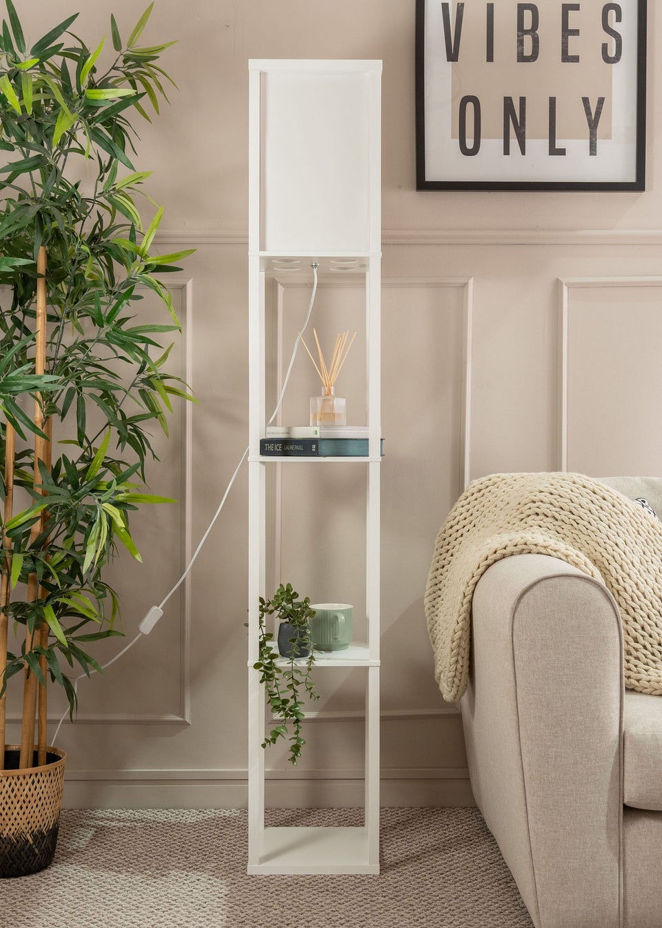 ValueLights Struttura White Wooden Shelves Floor Lamp (159cm x 26cm x 26cm)