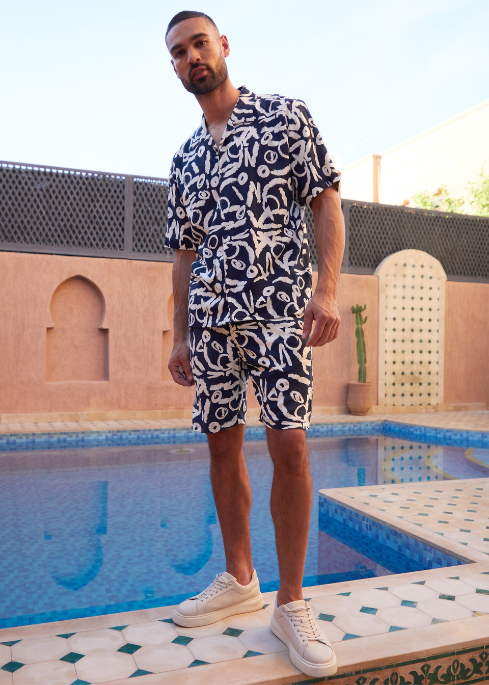 Threadbare Navy Abstract Print Revere Collar Short Sleeve Shirt