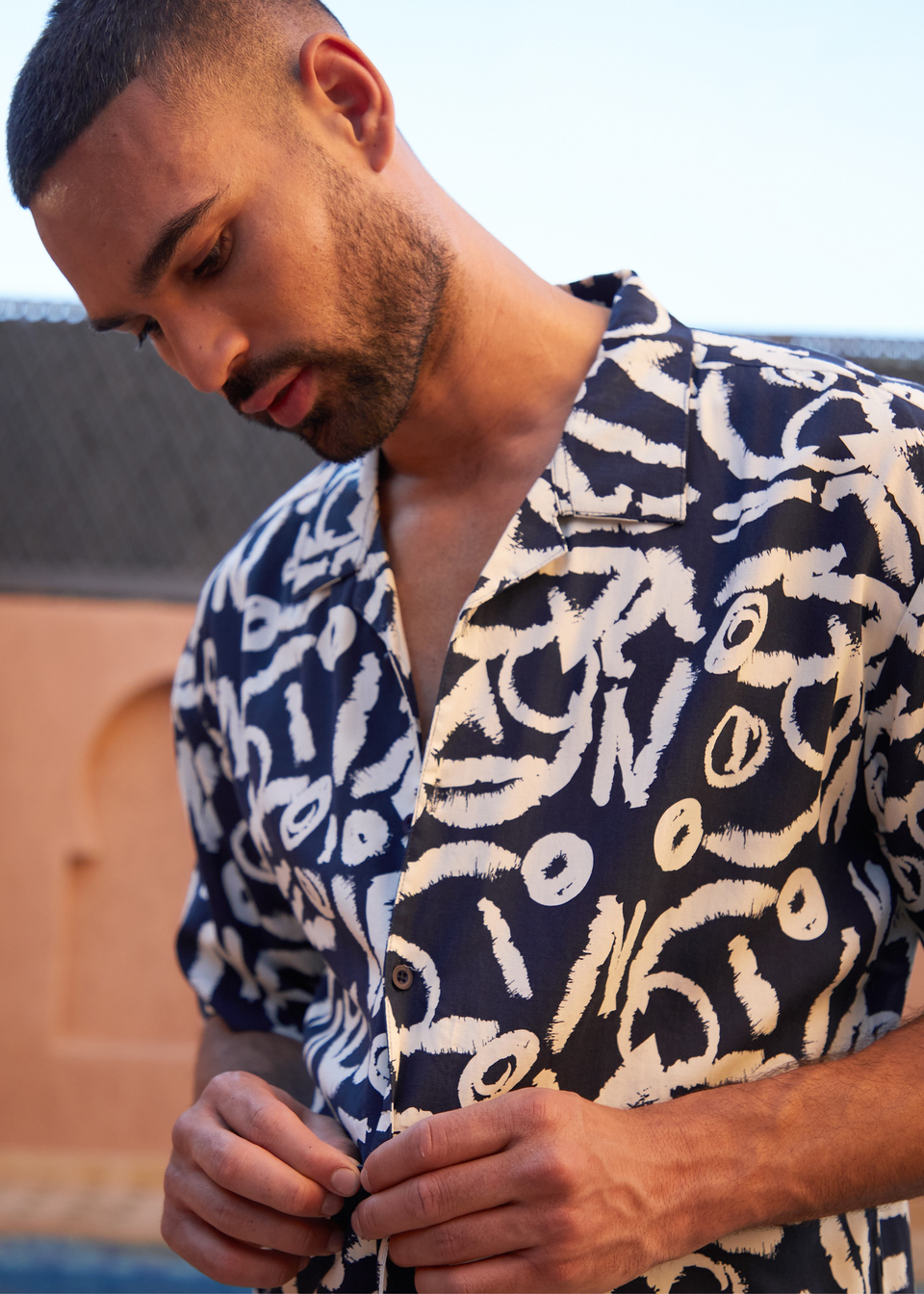 Threadbare Navy Abstract Print Revere Collar Short Sleeve Shirt