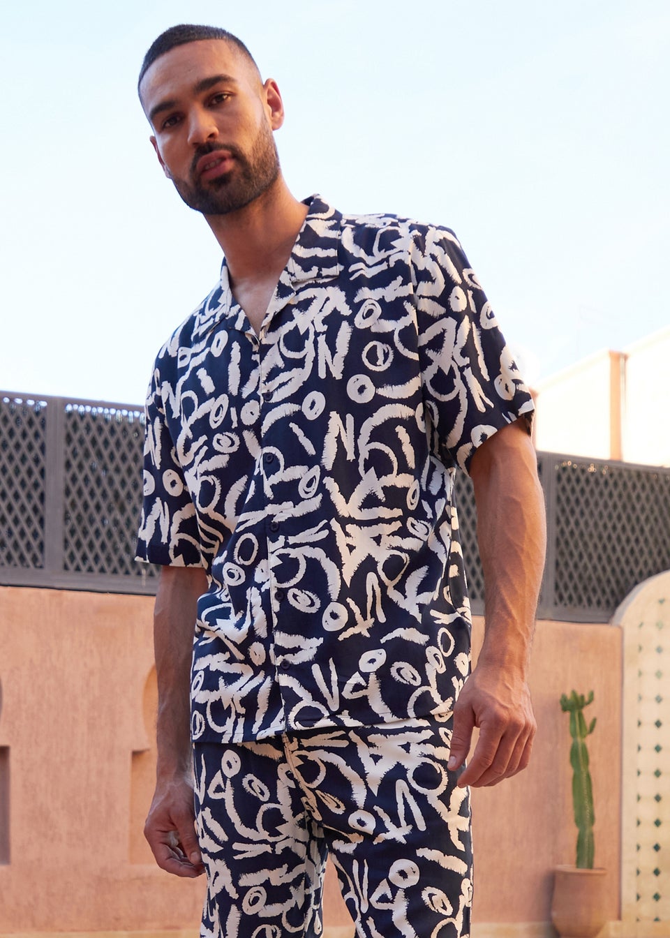 Threadbare Navy Langdale Abstract Print Revere Collar Short Sleeve Shirt