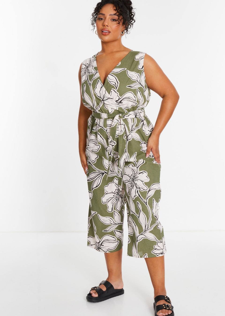 Quiz Green Curve Tropical Print Wrap Jumpsuit Matalan