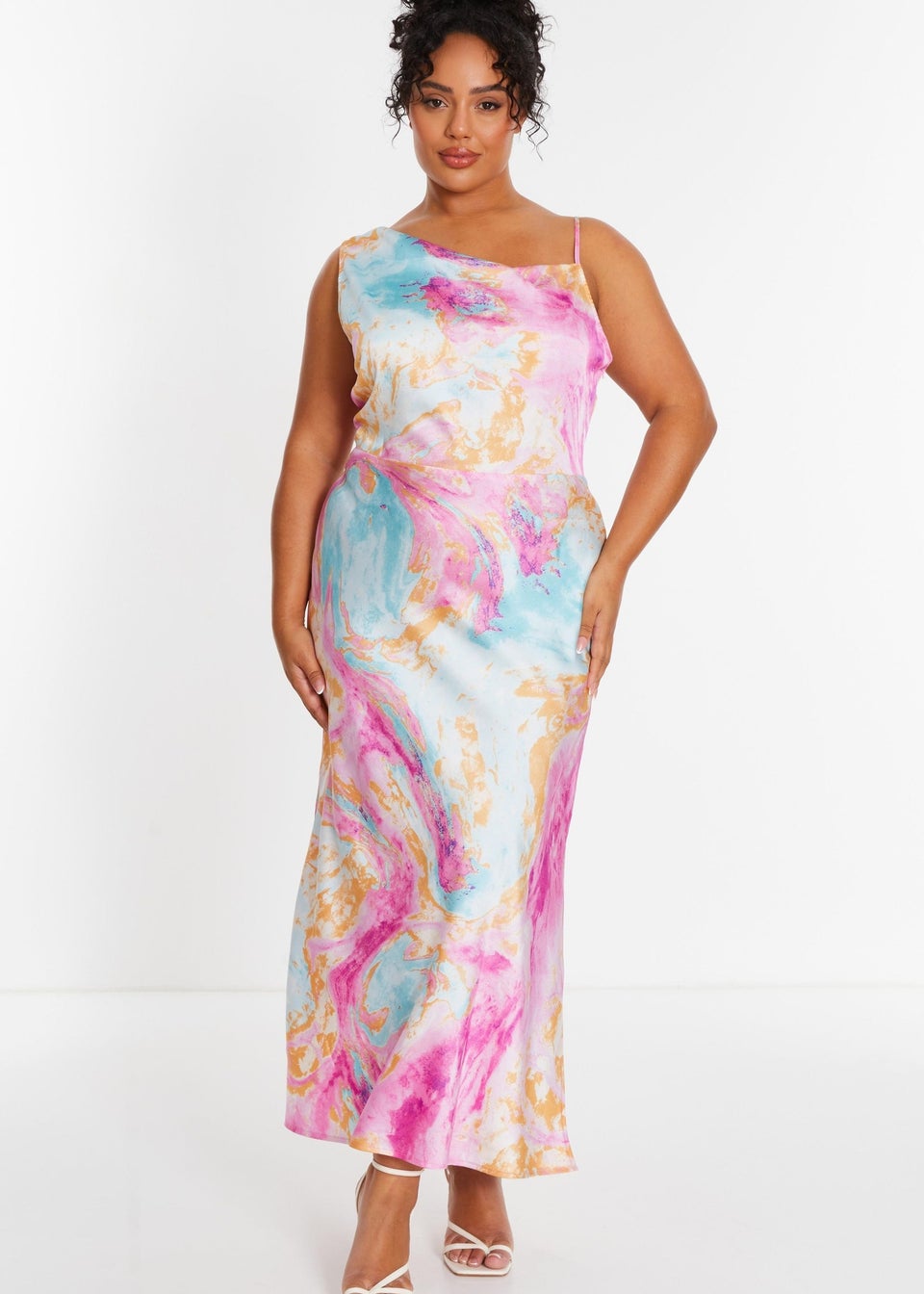 Quiz Pink Curve Marble Print Satin Midaxi Dress