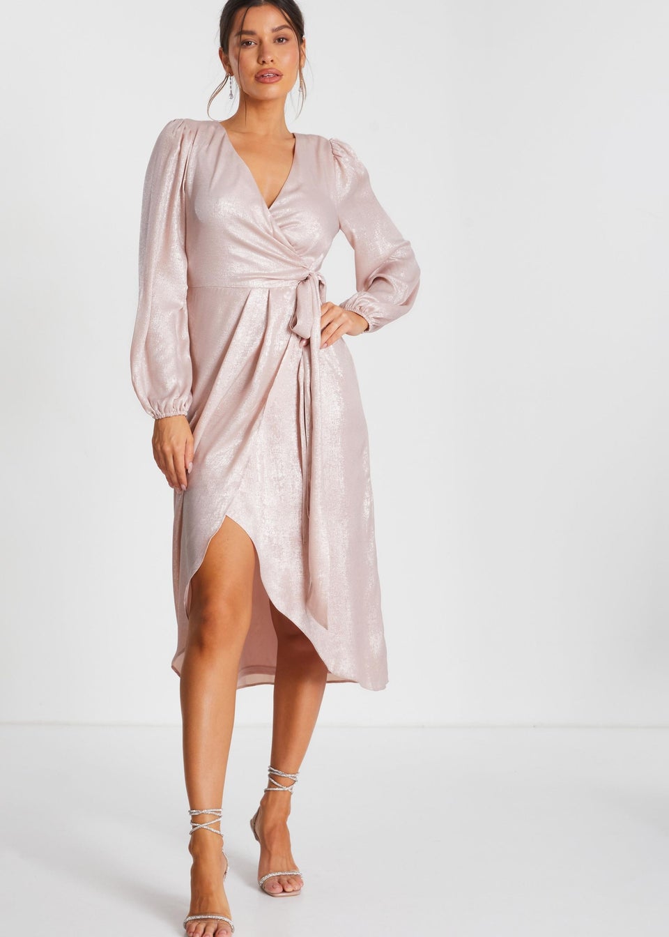 Quiz Pink Foil Wrap Midi Dress Matalan