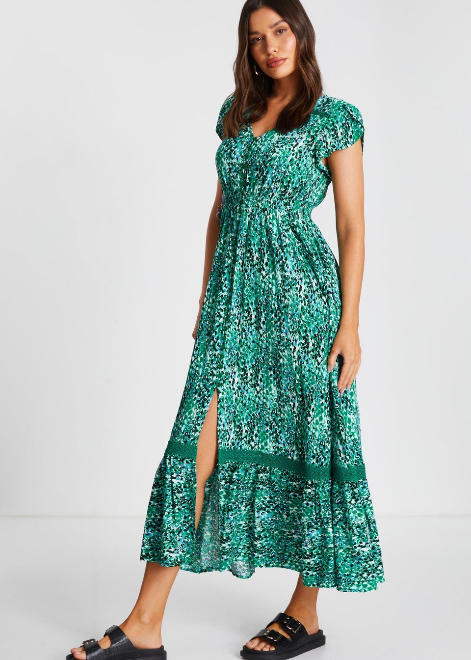 Quiz Green Leopard Print Crochet Trim Maxi Dress