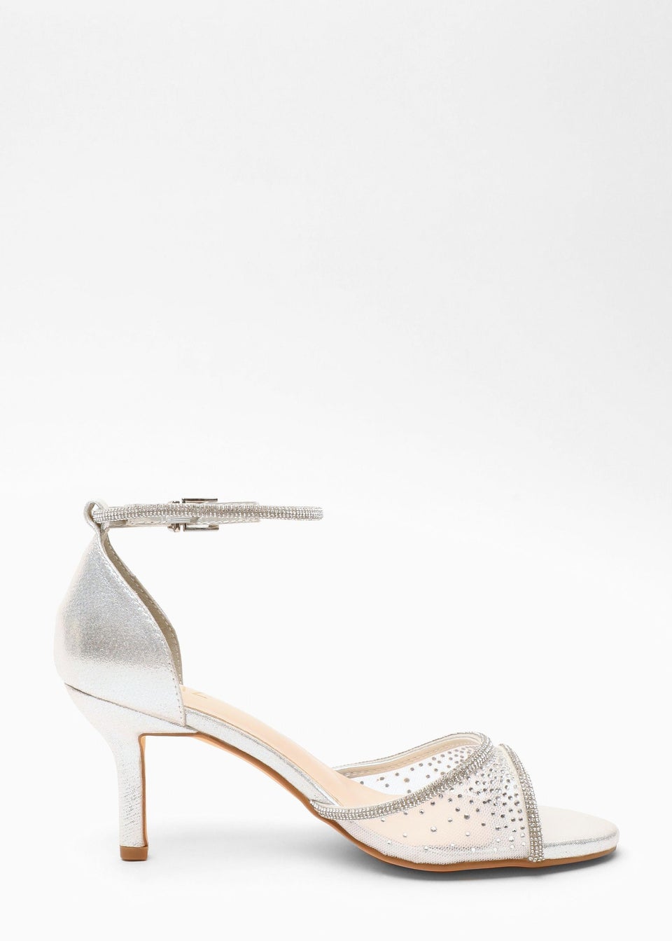 Quiz Silver Shimmer Mesh Diamante Heeled Sandal Matalan