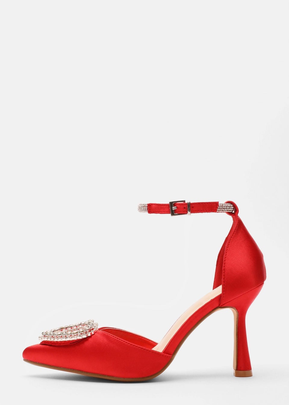 Quiz Red Satin Diamante Heart Brooch Court Heels