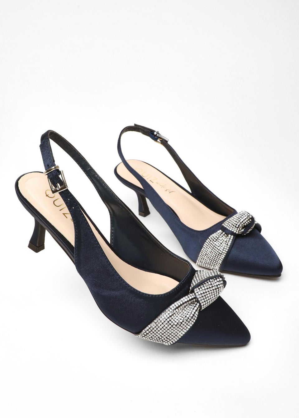 Quiz Navy Wide Fit Diamante Knot Sling Back Low Heels