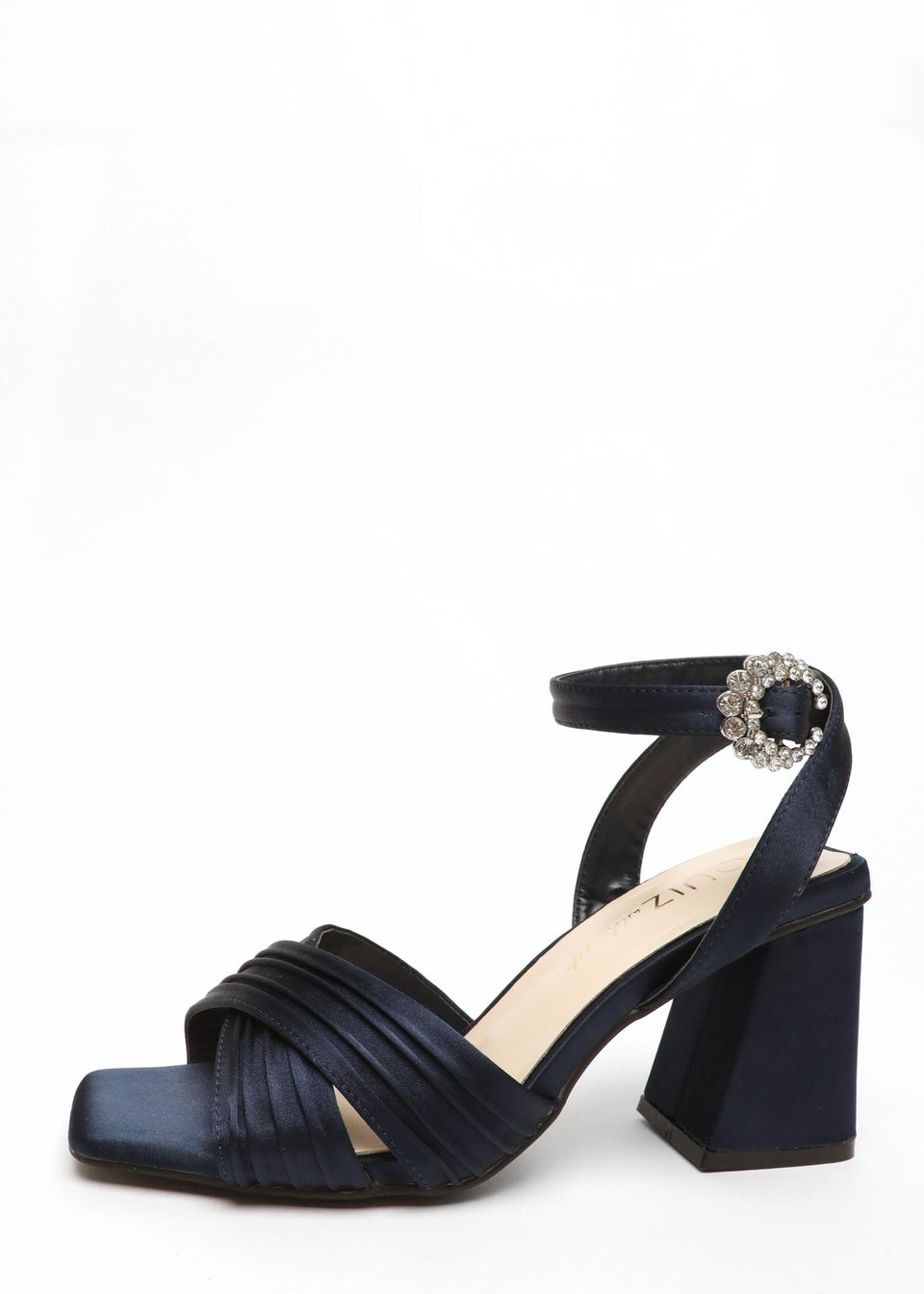 Quiz Navy Wide Fit Satin Pleated Block Heel Sandals