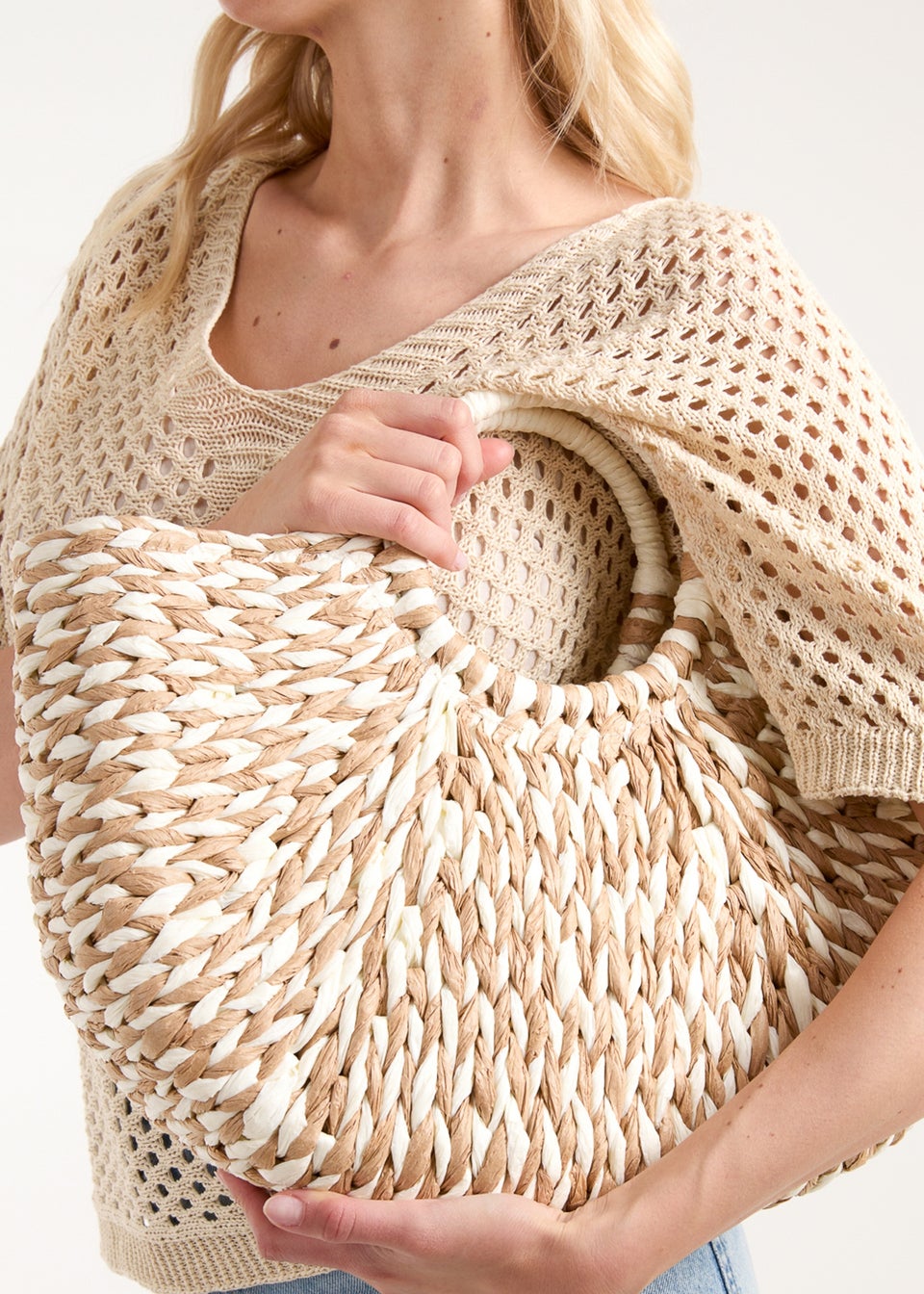 Blue Vanilla Stone Circle Handle Woven Handbag