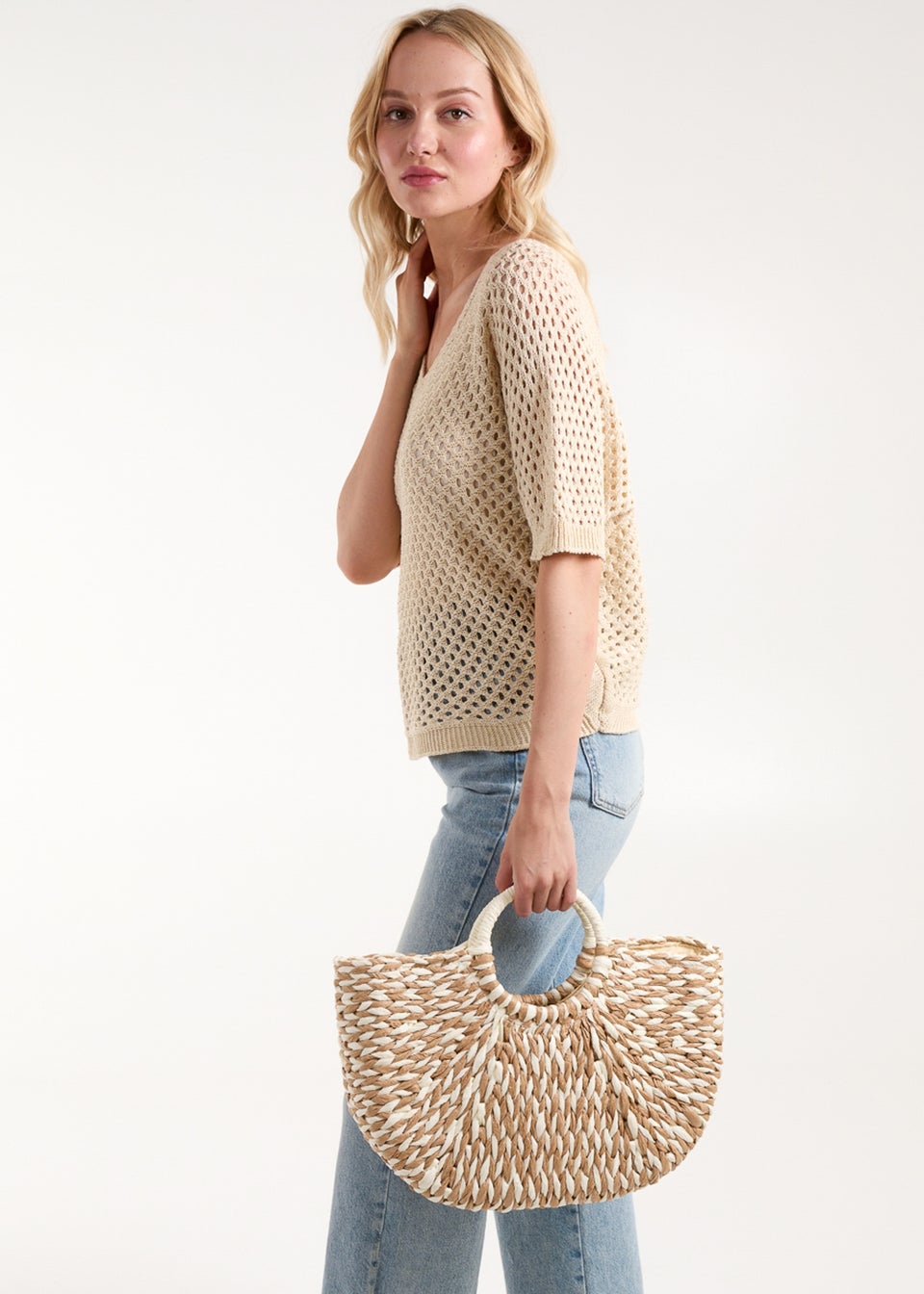 Blue Vanilla Stone Circle Handle Woven Handbag