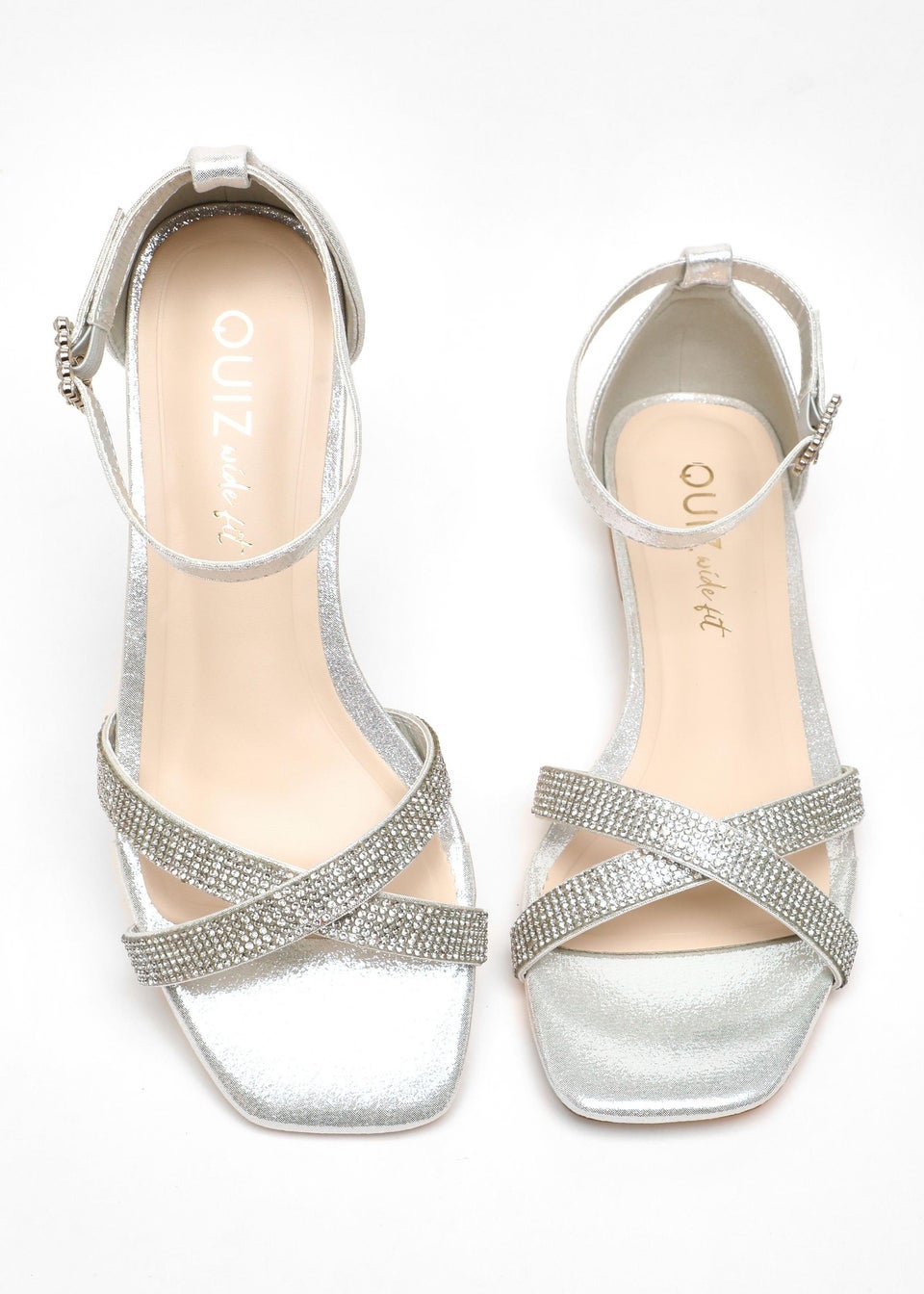 Quiz Silver Wide Fit Diamante Cross Strap Flat Sandals Matalan