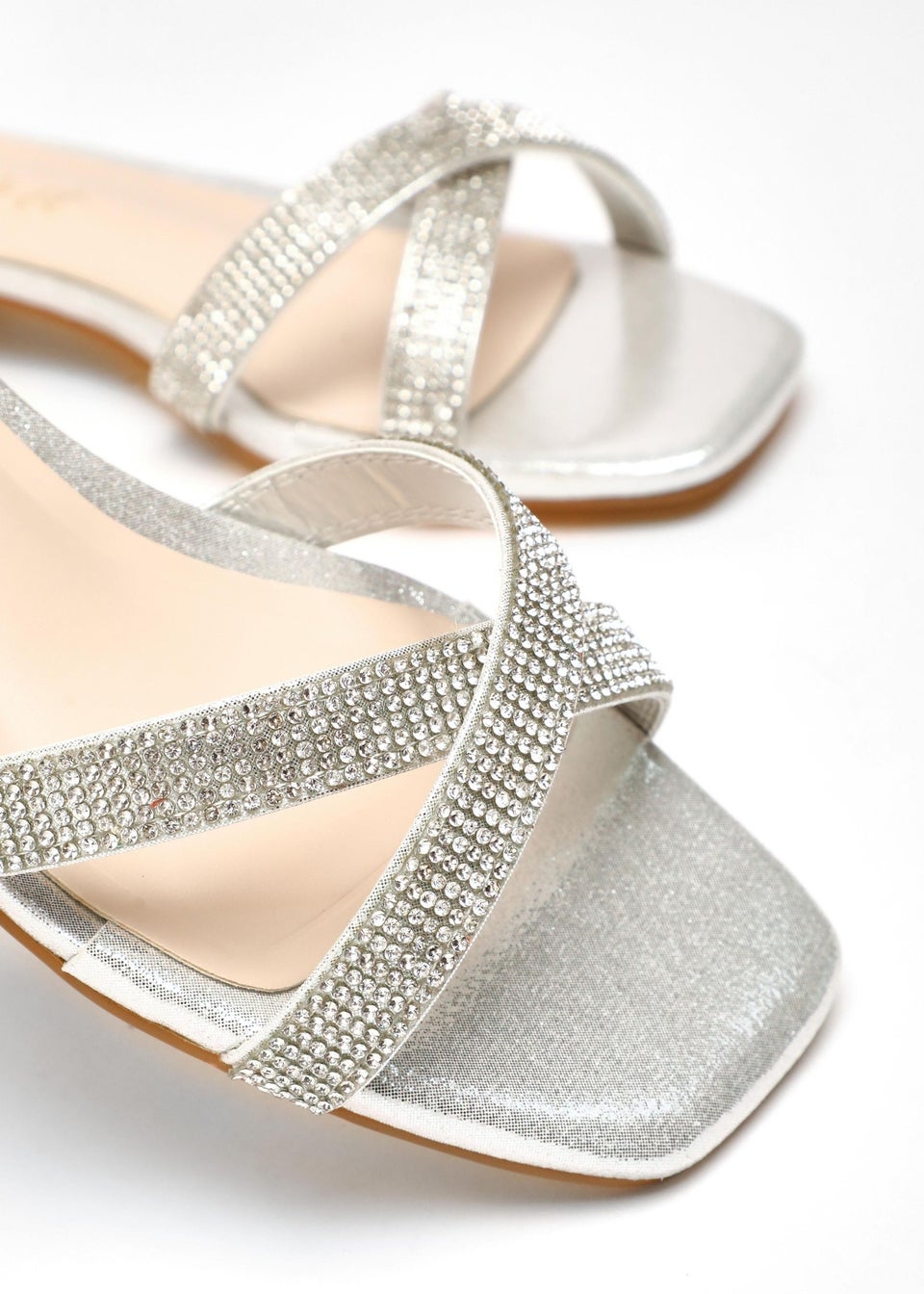 Quiz Silver Wide Fit Diamante Cross Strap Flat Sandals