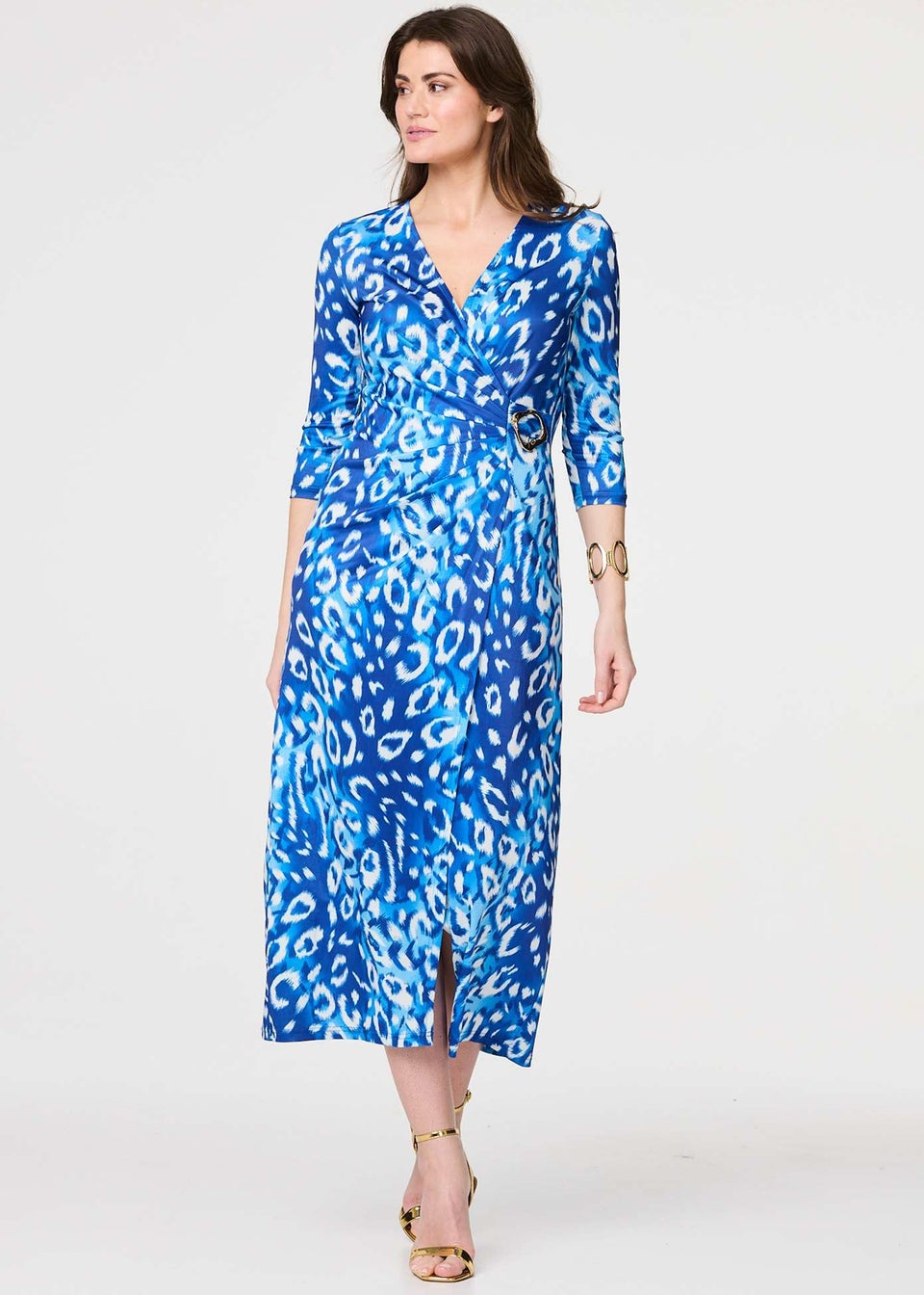 Izabel London Blue Animal Print 3/4 Sleeve Midi Wrap Dress