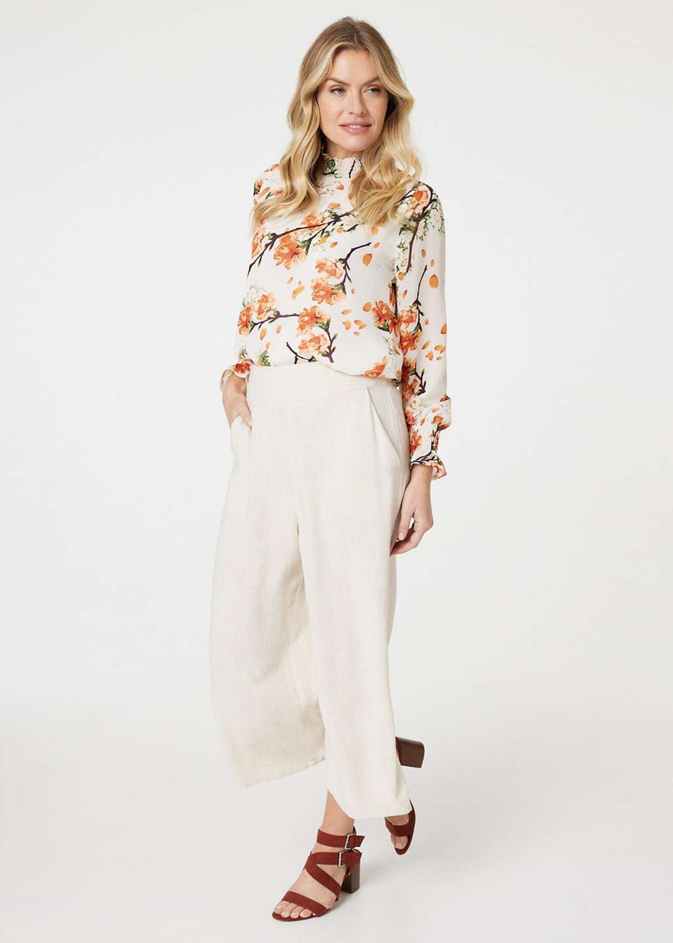 Izabel London Orange Floral Shirred High Neck Blouse