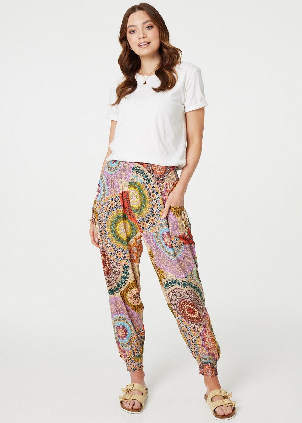 Izabel London Beige Kaleidoscope Print High Rise Harem Pants Matalan