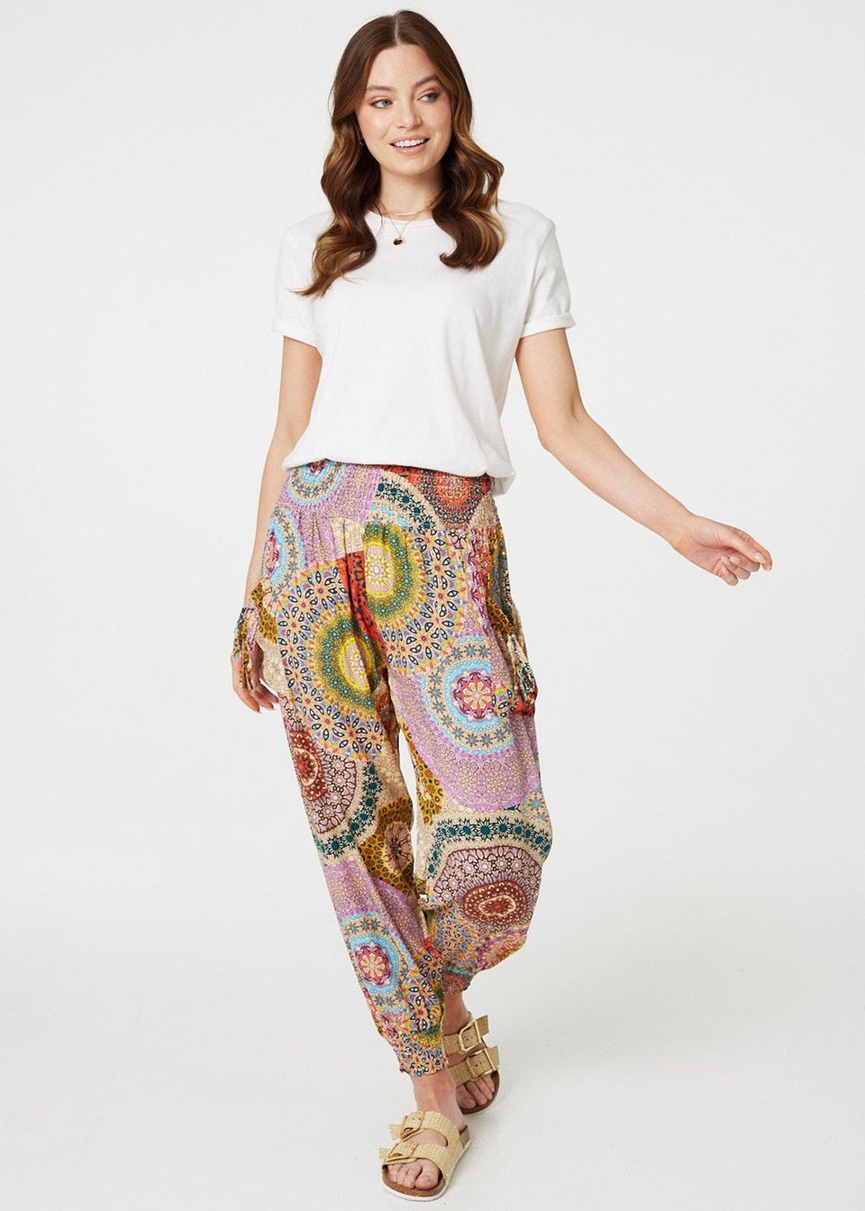 Izabel London Beige Kaleidoscope Print High Rise Harem Pants