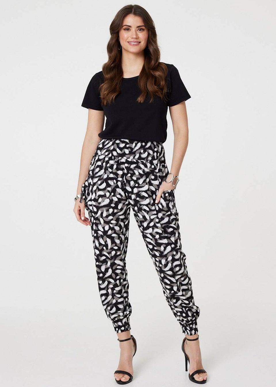 Izabel London Black Feather Print Harem Pants with Pockets