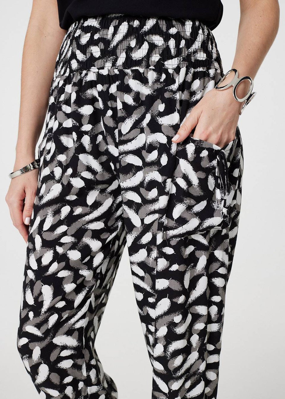Izabel London Black Feather Print Harem Pants with Pockets