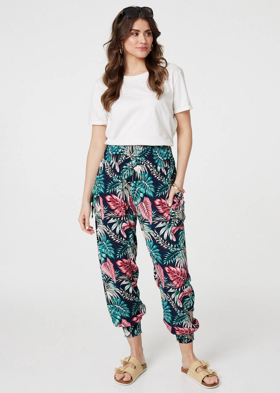 Izabel London Navy Leaf Print Harem Pants with Pockets
