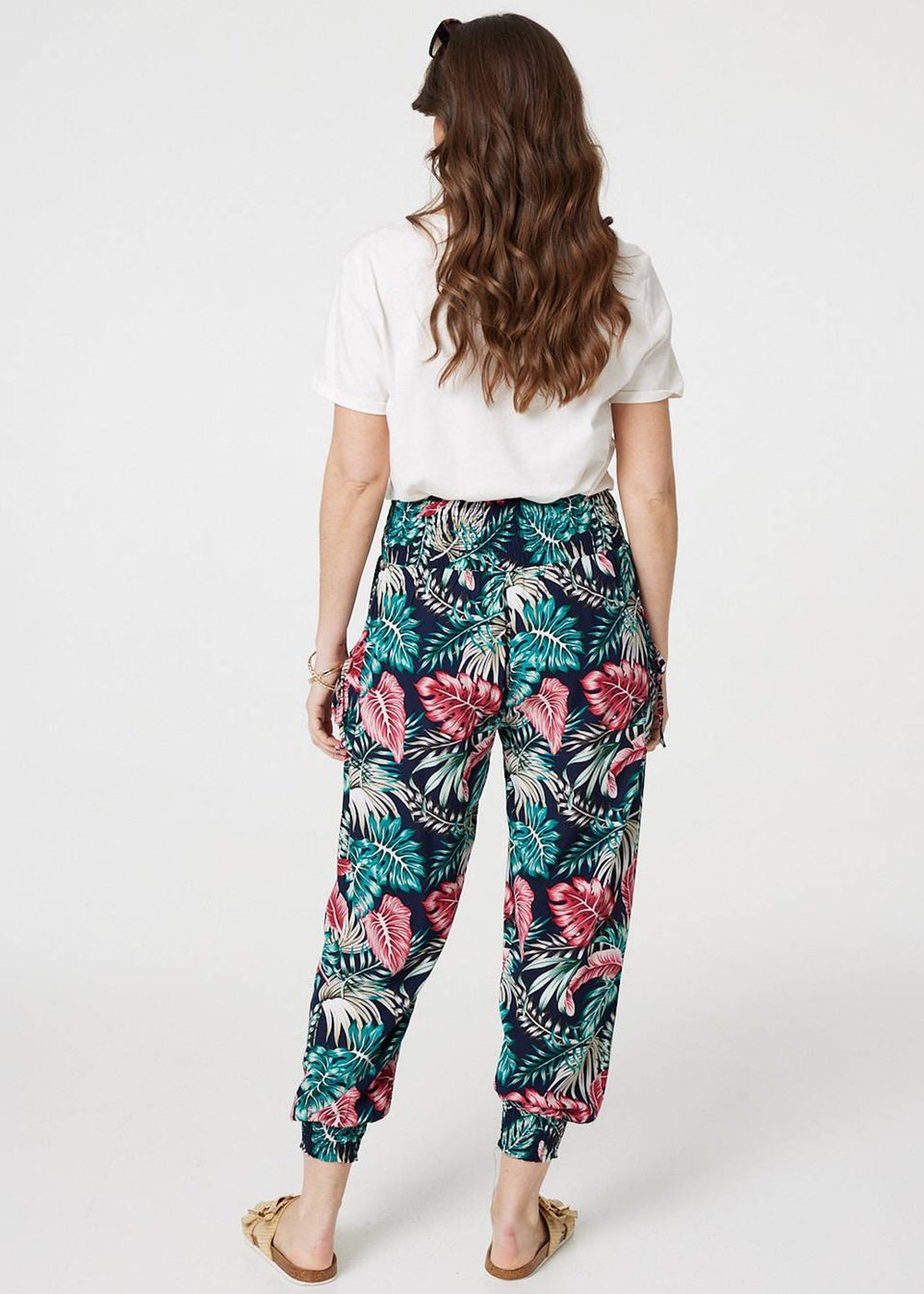 Izabel London Navy Leaf Print Harem Pants with Pockets