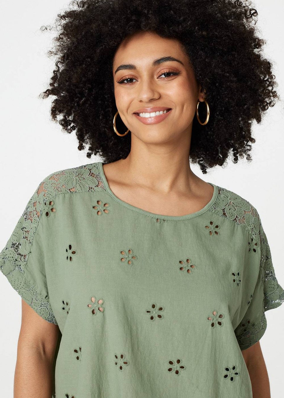 Izabel London Khaki Broderie Anglaise Oversized Blouse
