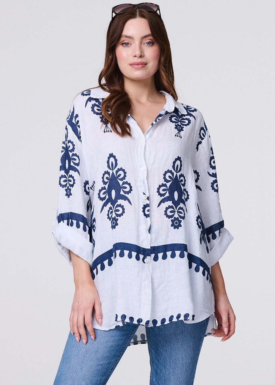 Izabel London Navy Printed Oversized Button Down Shirt