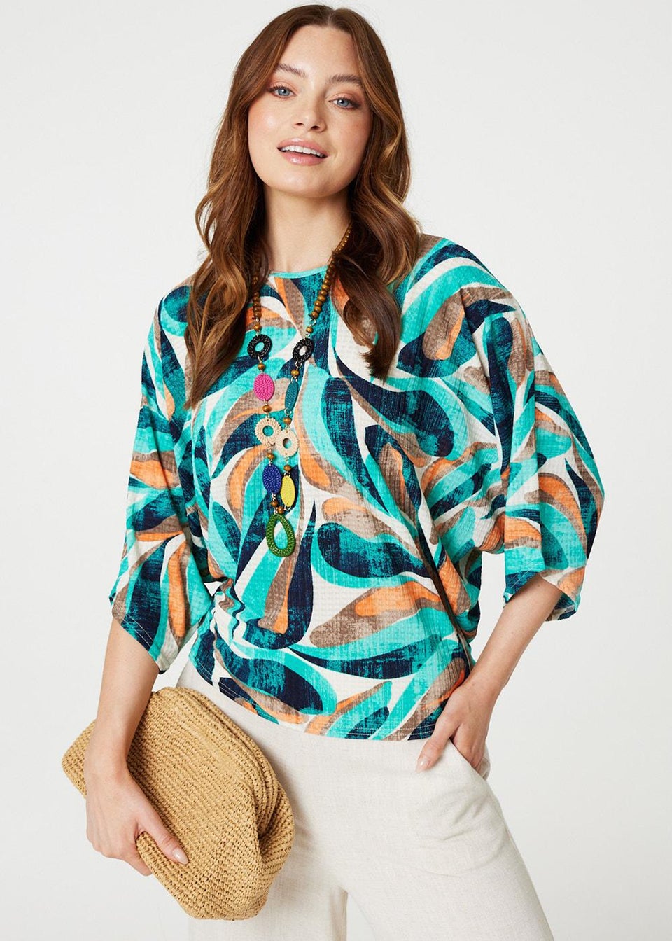 Izabel London Green Printed Oversized Top with Necklace