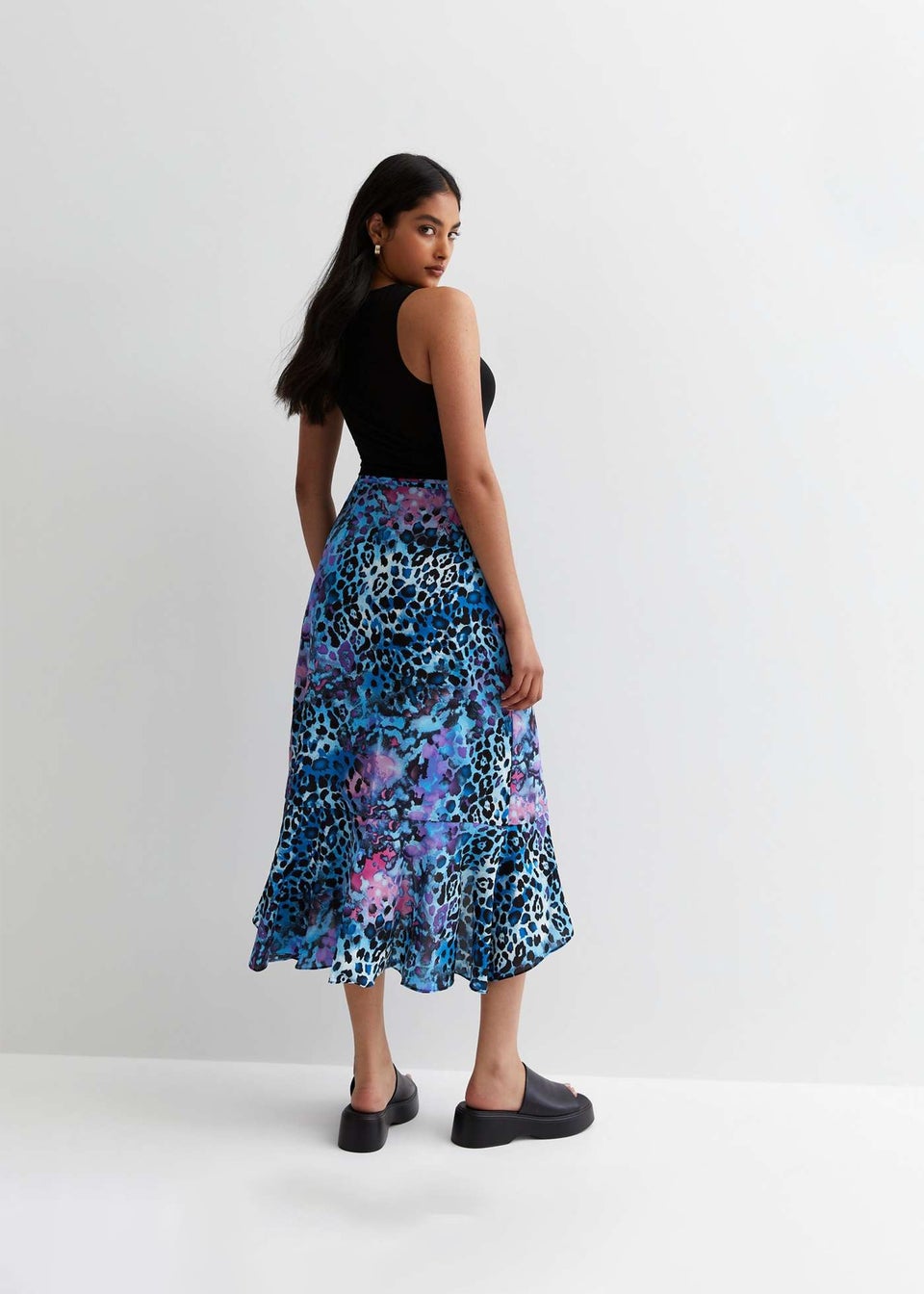 Gini London Blue Animal Print Ruffle Wrap Midi Skirt