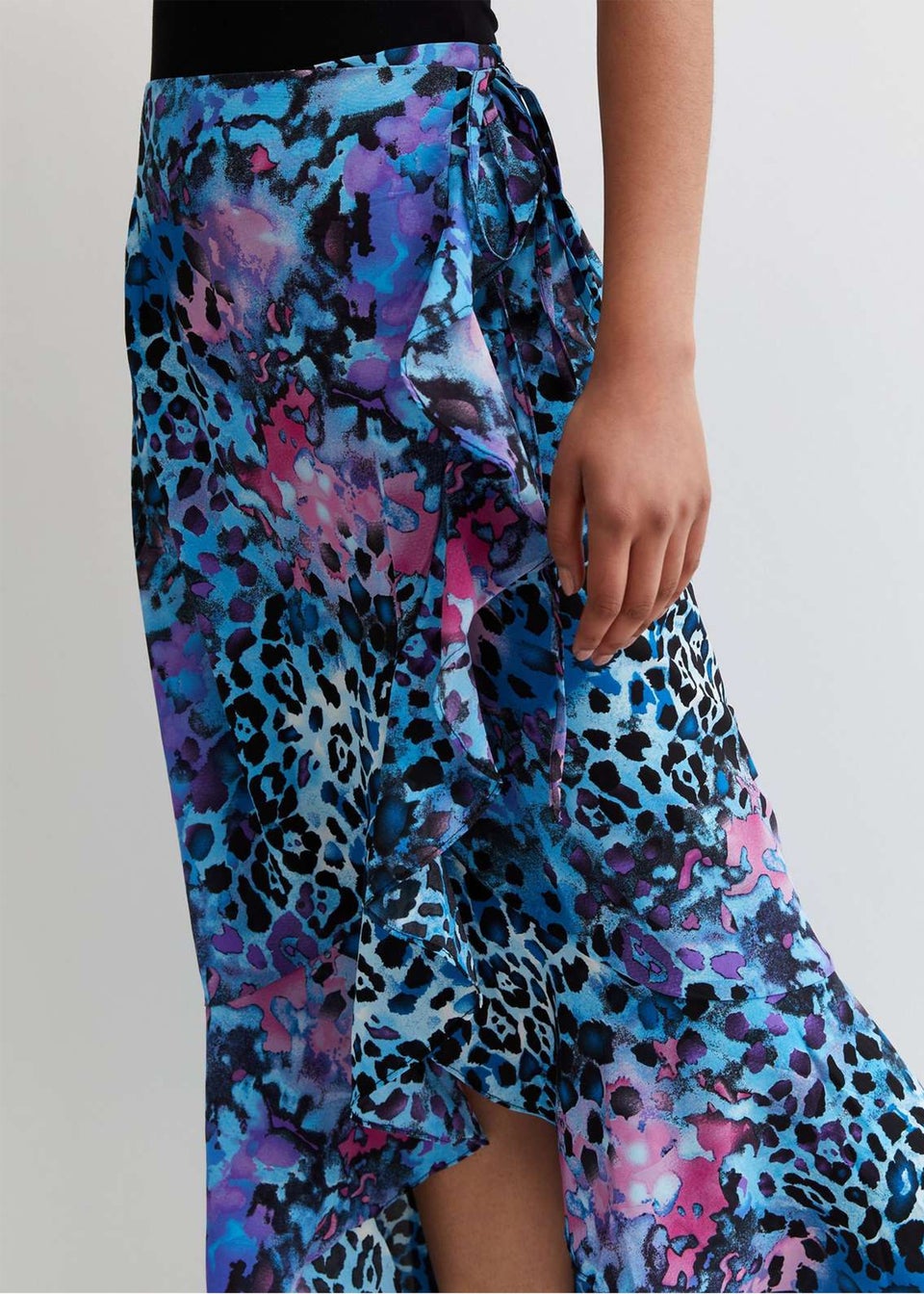 Gini London Blue Animal Print Ruffle Wrap Midi Skirt