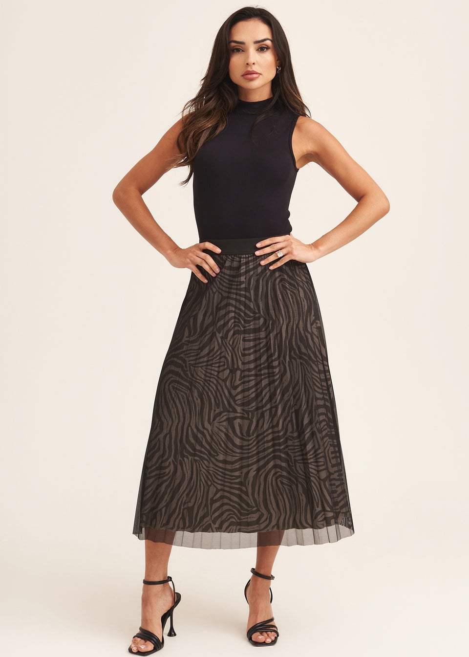 Gini London Black Animal Print Mesh Overlay Pleated Midi Skirt Matalan