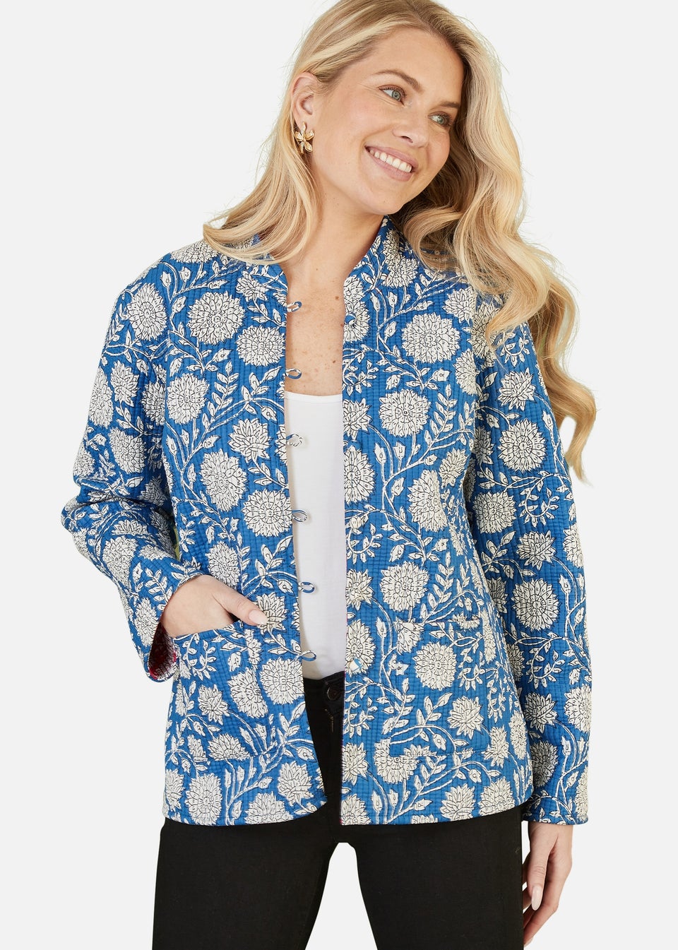 Yumi Blue Floral Print Reversible Cotton Quilted Jacket