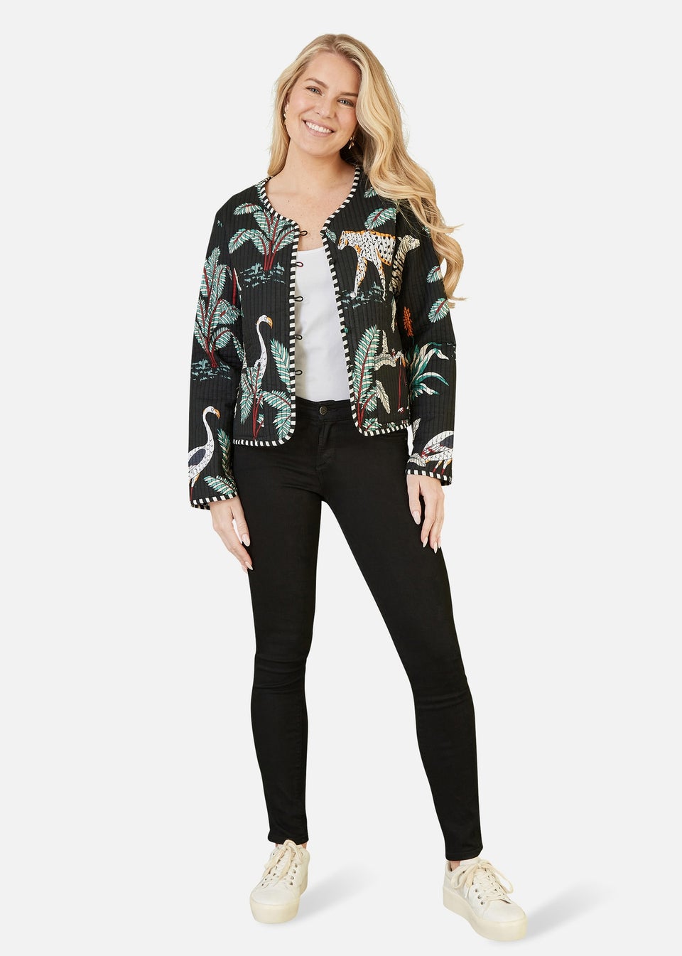 Yumi Black Animal Print Reversible Cotton Cropped Quilted Jacket