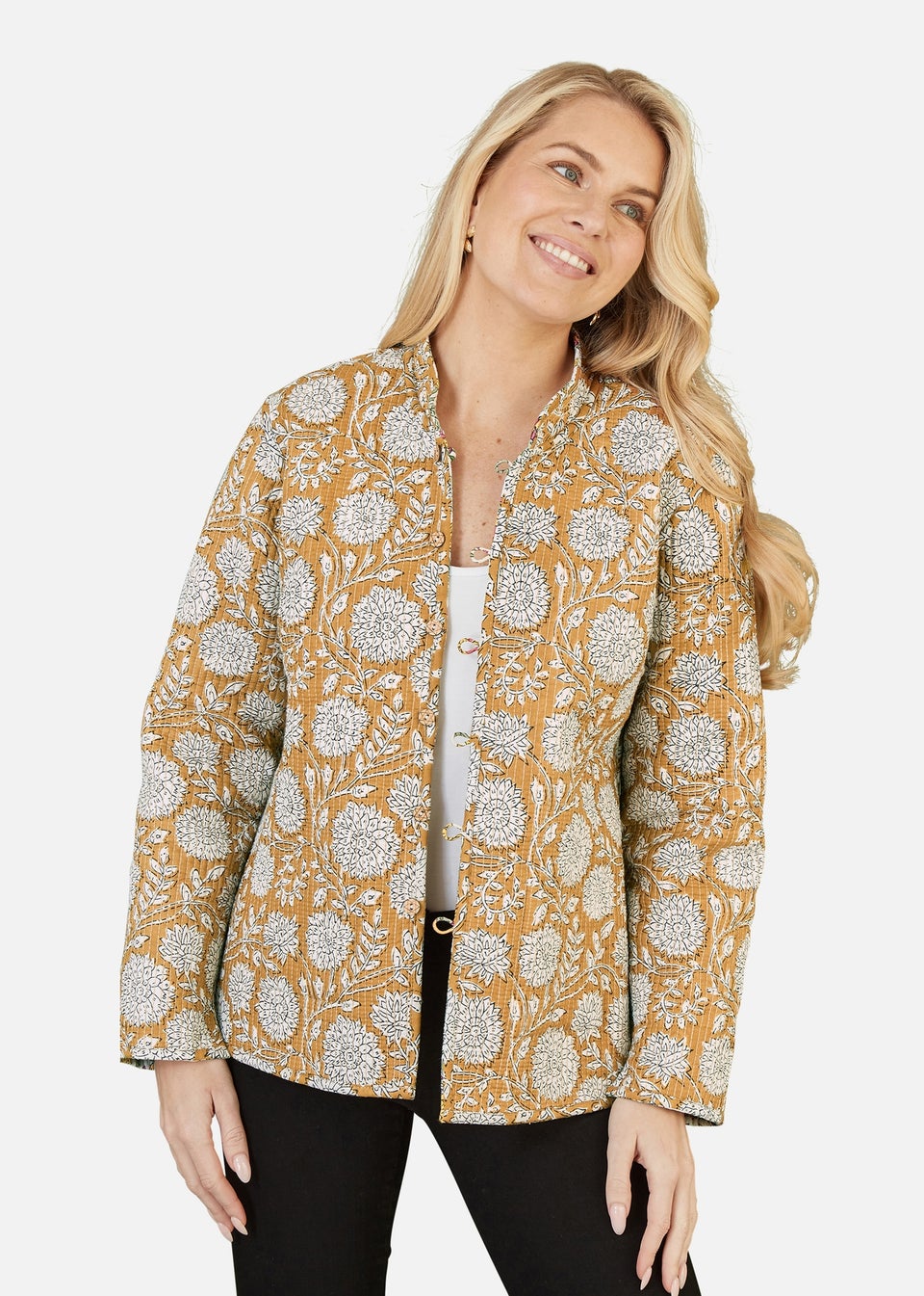 Yumi Yellow Floral Print Reversible Cotton Quilted Jacket