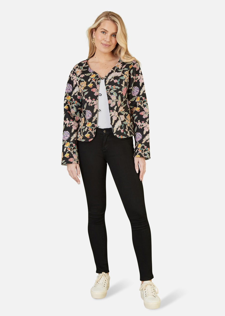 Yumi Black Floral Print Reversible Cotton Cropped Quilted Jacket