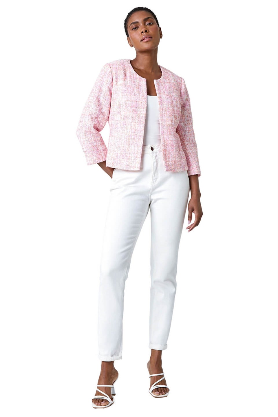 Roman Bright Pink Smart Textured 3 4 Sleeve Boucle Jacket Matalan