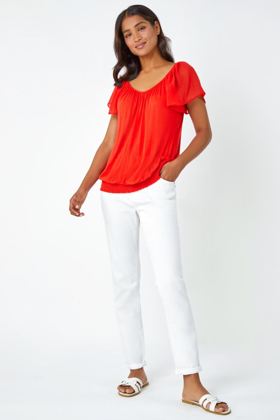 Roman Orange Chiffon Sleeve V-Neck Stretch Jersey Top